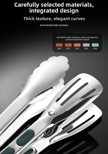 Close-up of 304 stainless steel food tong with serrated edges and drainage slots