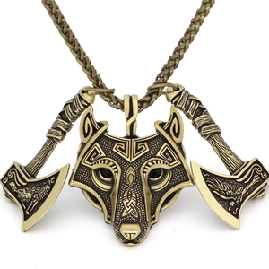 Vintage Viking necklace featuring a Celtic wolf and double-sided axes pendant for men