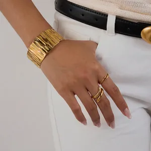 Minimalist Textured Wide Cuff Bracelet And Layered Ring Stainless Steel Gold Plated Waterproof Jewelry For Women