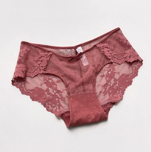 Dettaglio degli slip da donna in pizzo con rete a pois e un piccolo fiocco decorativo