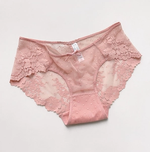 Dettaglio slip in pizzo rosa con mesh a pois trasparente e piccolo fiocco centrale