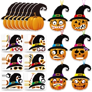 Detail of Halloween DIY pumpkin witch sticker kit with various funny faces and spooky patterns