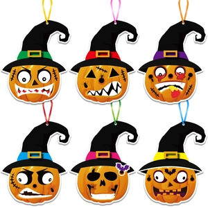 Set of 6 Halloween pumpkin hanging decorations with colorful wizard hats and cords