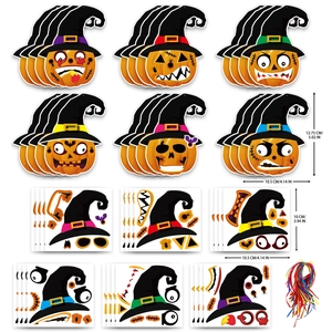 Detailed Halloween DIY pumpkin stickers set with dimension specs and colorful twine for kids