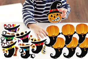 Close-up of kids DIY Halloween pumpkin stickers set with wizard hats and skull faces