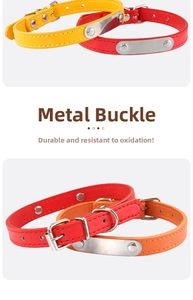 Detail of adjustable PU leather dog collars with metal buckles and blank ID tags