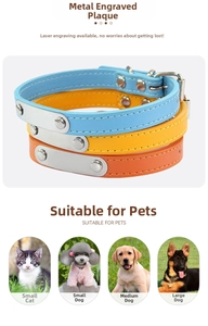 Three-color faux leather pet collars with adjustable metal buckles and engravable nameplates