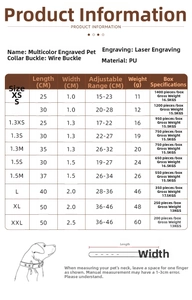 Detailed size chart for PU leather pet collars featuring laser engraving and various dimensions