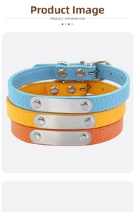 Close-up of leather pet collars with engraved metal plates and neat stitching detail