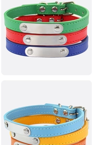 Detail of five colorful leather pet collars with engravable silver metal ID tags