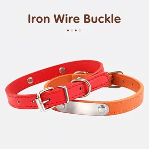 Adjustable leather dog collar with stainless steel nameplate and metal buckle in red and orange