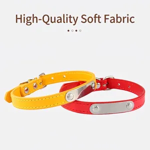 Adjustable leather pet collar with engraved metal nameplate in red and yellow colors