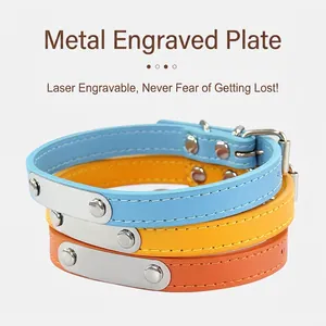 Adjustable faux leather pet collars with engravable metal plates in three vibrant colors