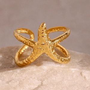 Starfish Ring Stainless Steel Gold Plated Hammered Texture Adjustable Open Band Ocean Beach Style Jewelry For Women