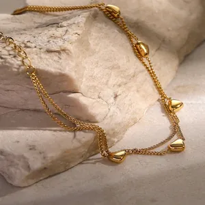 Minimalist Stainless Steel Double Layer Heart Pendant Anklet For Women 18K Gold Plated Fresh Style Summer Adjustable Jewelry