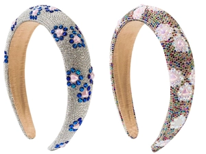 Detail of sponge headbands with crystal rhinestones and pink heart-shaped gemstones