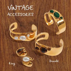 Gioielli Bohémien Vintage Bracciale Aperto E Anello Regolabile Donna Acciaio Inossidabile Impermeabile Con Künstliche Perle