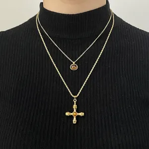 Stainless Steel Tiger Eye Gemstone Pendant Necklace Waterproof Hypoallergenic Cross Geometric Jewelry For Women