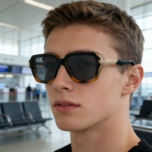 Nahaufnahme der quadratischen Polarisations-Sonnenbrille mit goldfarbenen Metallbügeln
