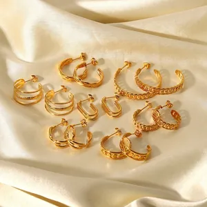 Stainless Steel 18K Gold Plated Double Hoop Earrings For Women Retro Fashion Geometric Chain C Shaped Hoop Earrings Jewelry