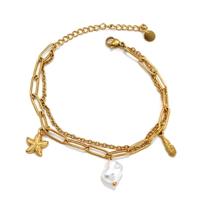 Bracelet double rang en acier inoxydable doré 18K avec pendentifs étoile de mer et perle