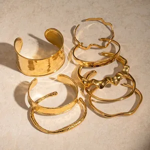 Hammered Stainless Steel Open Cuff Bangle Irregular Wave 18K Gold Plated Jewelry Waterproof Minimalist For Women