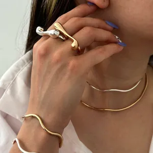 Irregular Liquid Metal Open Ring 18K Gold Plated Stainless Steel Adjustable Water Drop Lava Jewelry For Women