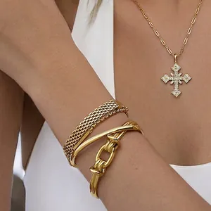 Edelstahl Vergoldetes Armband Ineinandergreifender Knoten Offener Armreif Gewebtes Mesh Kette Schmuck Damen Wasserdicht