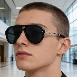 Close-up of pilot sunglasses showing metal arrow hinges and premium black frame