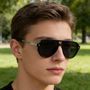 Detail of men's aviator sunglasses with black frames and silver temple accents on model