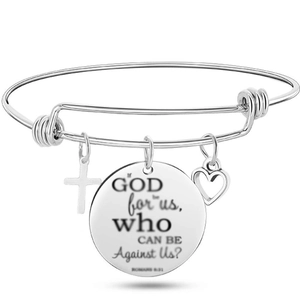 Silver adjustable wire bracelet with heart cross and Bible verse pendant