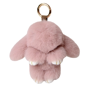 Pink faux fur bunny charm with golden ring clip and white leather paws for handbags