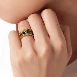 Waterproof Stainless Steel Natural Malachite Round Hollow Out Open Ring Retro Boho Fashion Jewelry Gift Women
