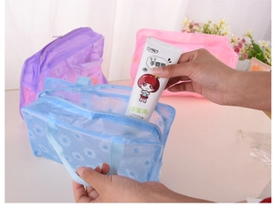 Three-piece set of floral PVC waterproof cosmetic bags in pink, blue, and purple