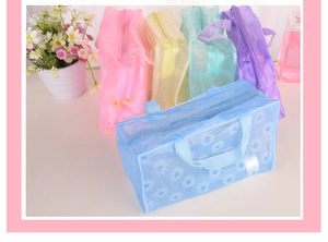 Detail of waterproof PVC toiletry bags with daisy patterns in five macaron colors