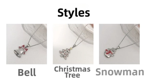 Detailed views of Christmas necklaces featuring bell, Xmas tree, and snowman pendants