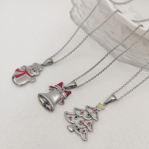 Snowman Christmas Tree Bell Pendant Necklace Stainless Steel Enamel Polished Holiday Jewelry Unisex Gift