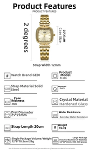 Fiche technique détaillée de la montre GEDI pour femme en acier doré avec dimensions