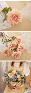 Detailed close-up of artificial dahlia flowers with silk petals and plastic leaves
