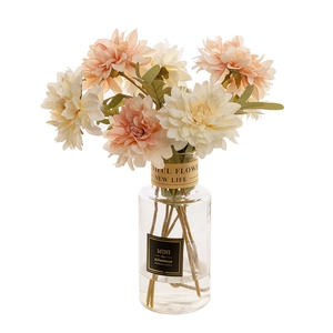 Artificial cream and peach dahlia bouquet in a clear glass vase for home decor
