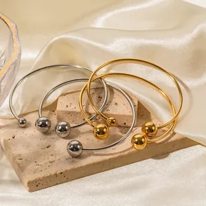 Minimalist Open Cuff Bangle Bracelet 18K Gold Plated Stainless Steel Ball Ends Geometric Aesthetic Jewelry For Women