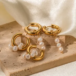 Asymmetrical Hoop Earrings 18K Gold Plated Stainless Steel And Natural Freshwater Pearl Cluster Dangle For Women Elegant