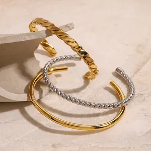 Stainless Steel Open Cuff Bracelet For Women 18K Gold Plated Twisted Rope Minimalist High Polish Jewelry
