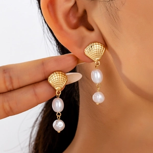 Elegant Shell Artificial Pearl Drop Earrings For Women Golden Alloy Marine Style With Steel Earring Post Vacation Jewelry