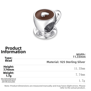 Detailed specs for the S925 sterling silver coffee cup charm with heart design