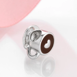 S925 sterling silver coffee cup charm with brown enamel and heart detail for DIY bracelets