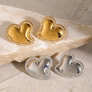 Heart Stud Earrings Stainless Steel 18K Gold Plated White Rhinestone Inlaid Ins Style Fashion Jewelry For Women