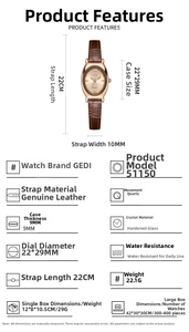 Vue détaillée des dimensions et paramètres de la montre ovale en cuir or rose