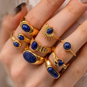 Vintage Titanium Steel Lapis Lazuli Jewelry Set Gold Plated Retro Sun Coin Ring Necklace For Women Bohemian Fashion Accessory