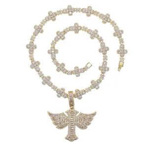 Hip-hop gold cross pendant necklace set with sparkling cubic zirconia on tennis chain